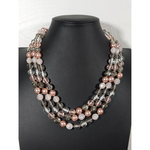 Pink Gray Faceted Bead Faux Pearl Triple Strand Layer Necklace 20" - Picture 1 of 9
